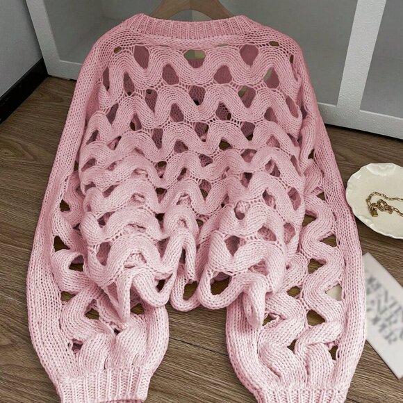 Pink Casual Women's Skeleton Weave Long Sleeve Cowl Sweater Pullover - Picture 5 of 11
